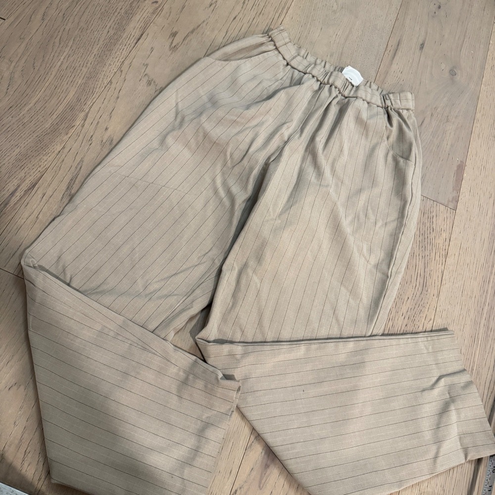 VTG Covington Petite Tan‎ Pinstripe Elastic Waist Straight Leg Trousers Pants S